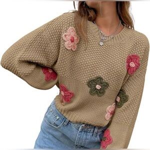 Sage Green Floral Knit Long Sleeve Crewneck Pullover Cropped Sweater Size Small